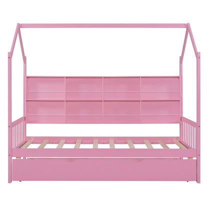 Wooden House Bed with Trundle, Pink