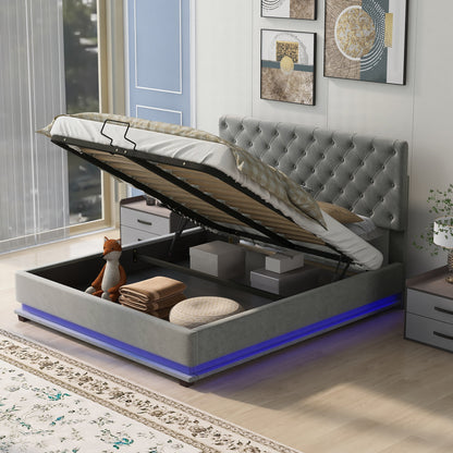 Upholstered Platform Bed with Adjustable Tufted Headboard and LED Light