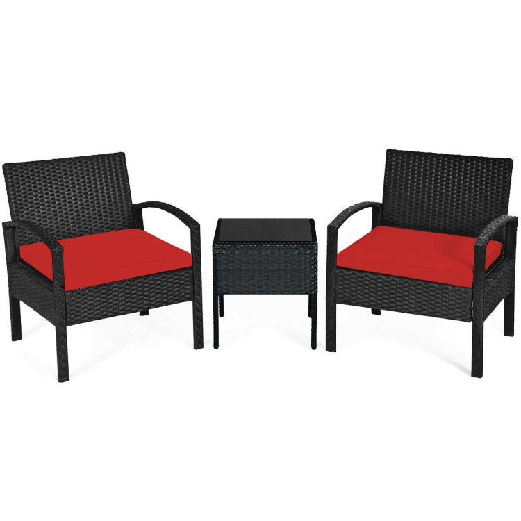 3 pieces outdoor rattan patio conversation set with seat cushions