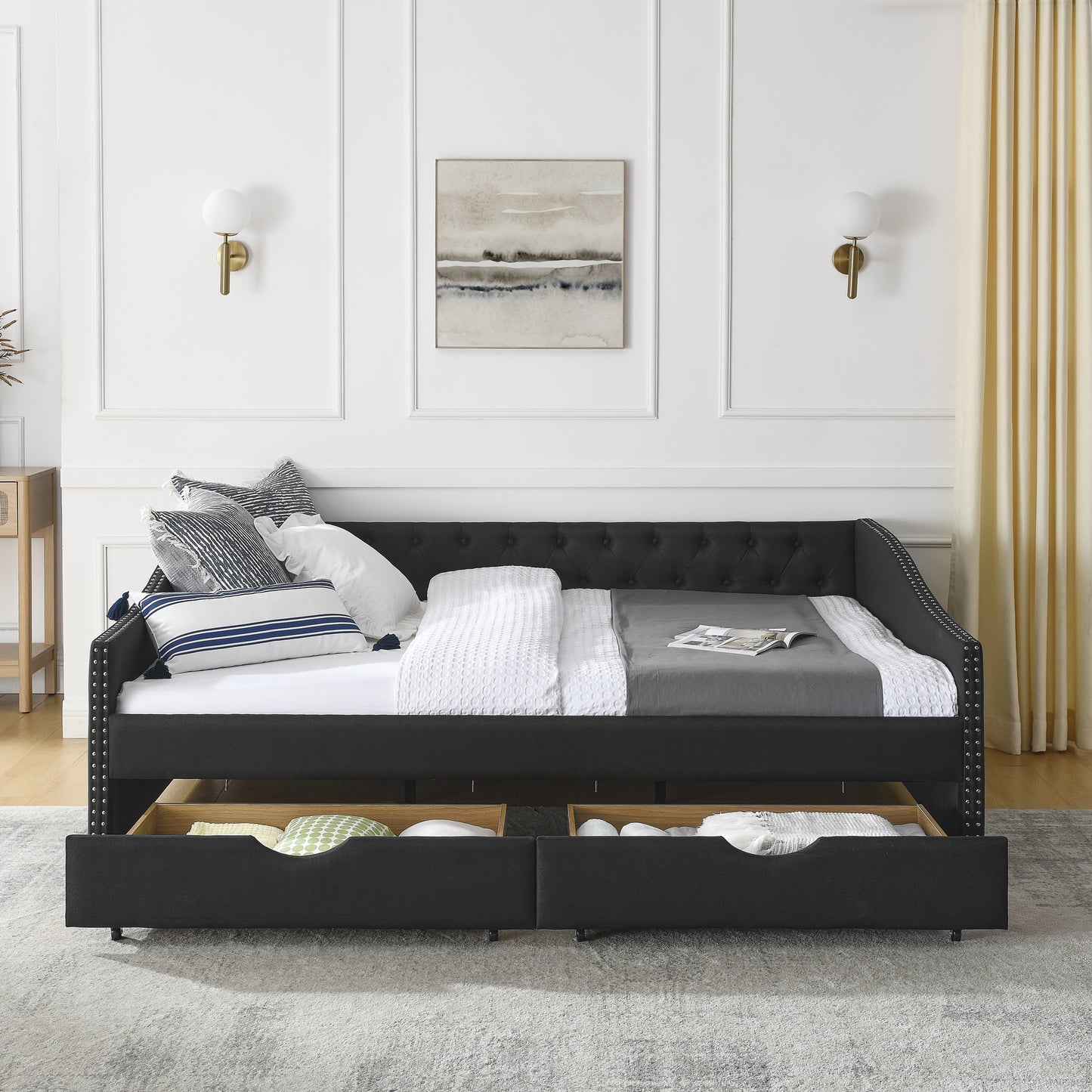queen size daybed with drawers upholstered tufted sofa bed,,with button on back and copper nail on waved shape arms(84.5"x63.5"x26.5")