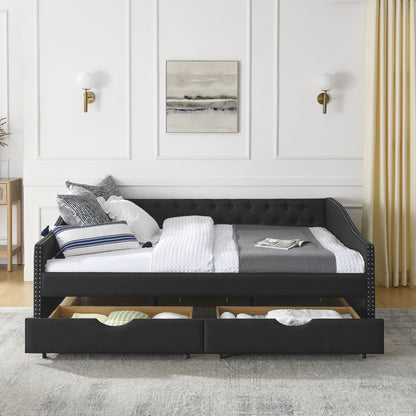 Queen Size Daybed with Drawers Upholstered Tufted Sofa Bed,,with Button on Back and Copper Nail on Waved Shape Arms(84.5"x63.5"x26.5")