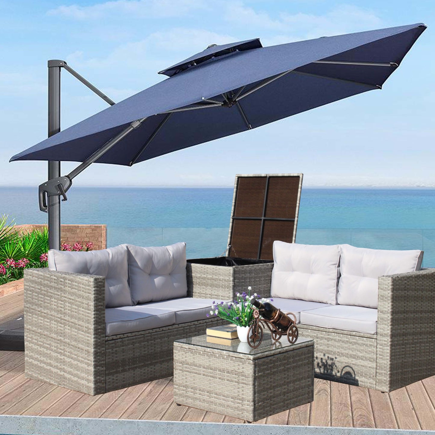 4 piece patio sectional wicker rattan outdoor furniture sofa set with storage box grey