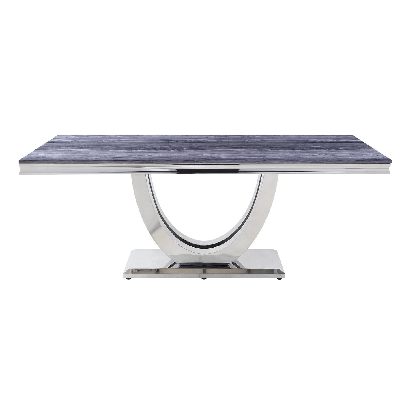 acme cambrie dining table in faux marble & mirrored silver finish