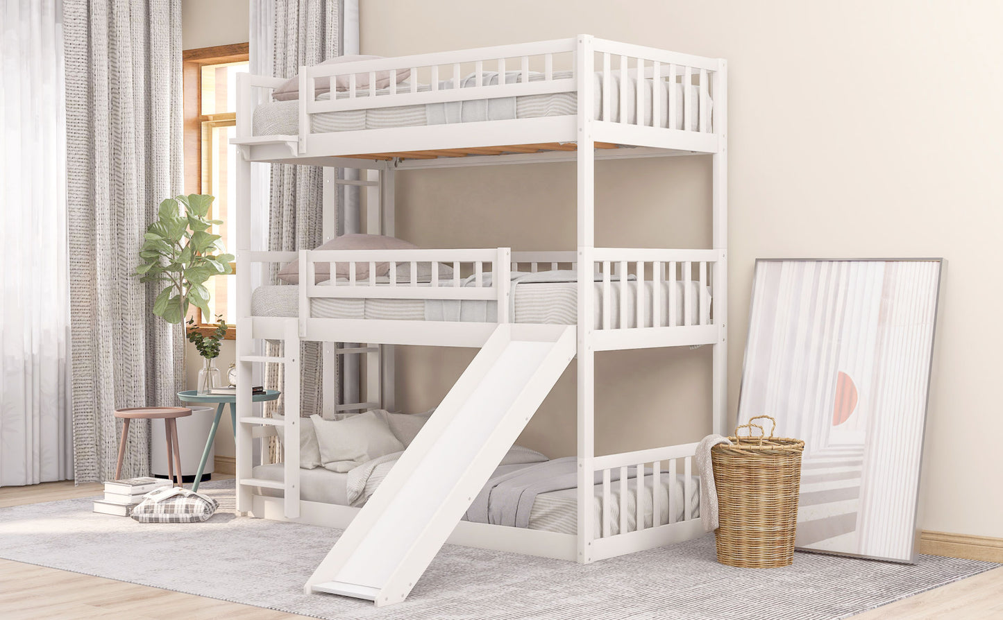 twin-over-twin-over-twin triple bed with built-in ladder and slide