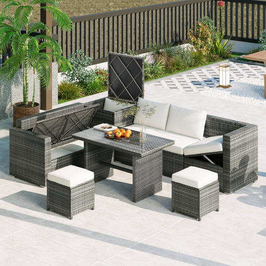 6-Piece PE Rattan Sofa Set with Adjustable Seat & Storage Box