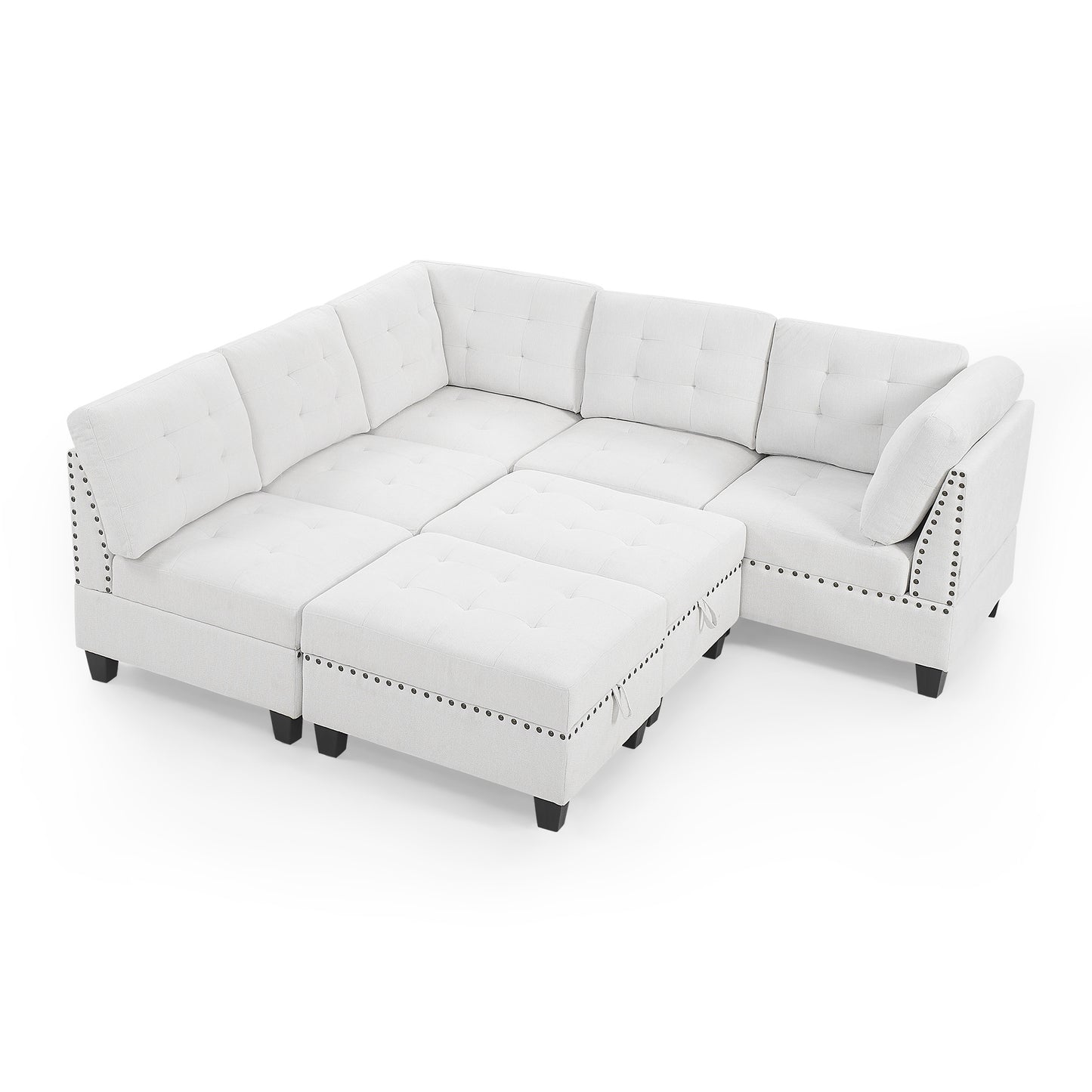 l shape modular sectional sofa includes 2 ottomans, ivory chenille