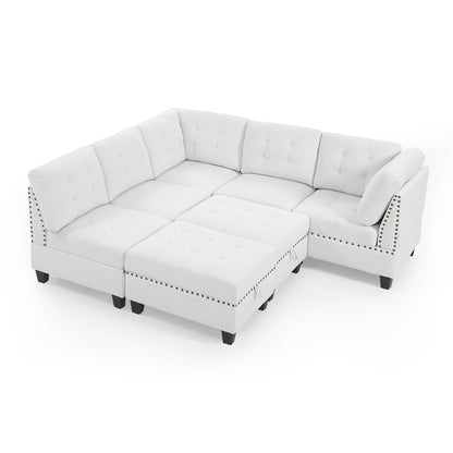 L shape Modular Sectional Sofa includes 2 Ottomans, Ivory Chenille