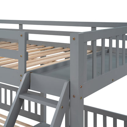 Triple Bunk Bed with Drawers and Guardrails, Gray