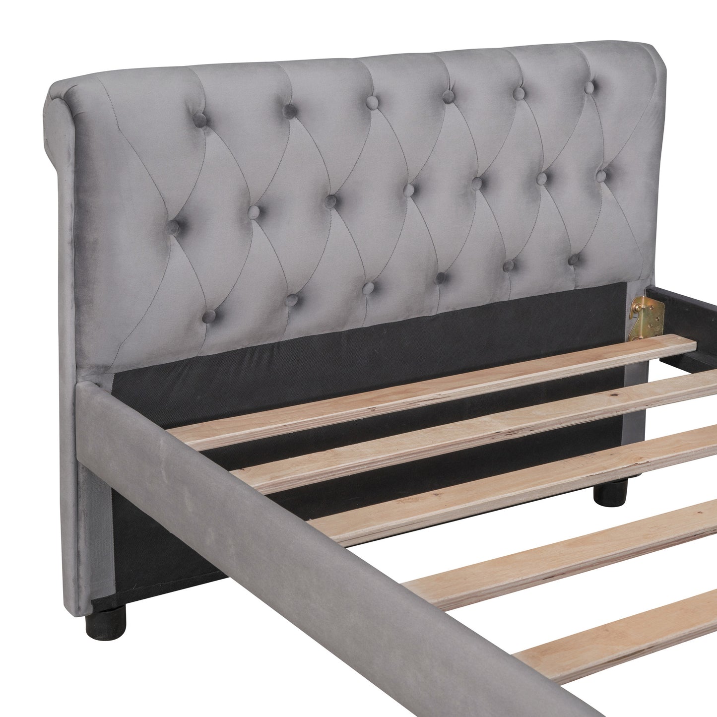 sara upholstered bed with drawers, gray