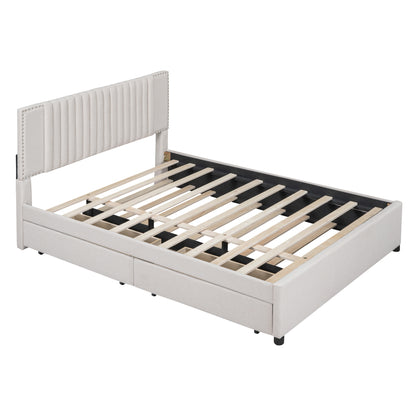 Queen Size Upholstered Platform Bed with 2 Drawers and 1 Twin XL Trundle, Beige