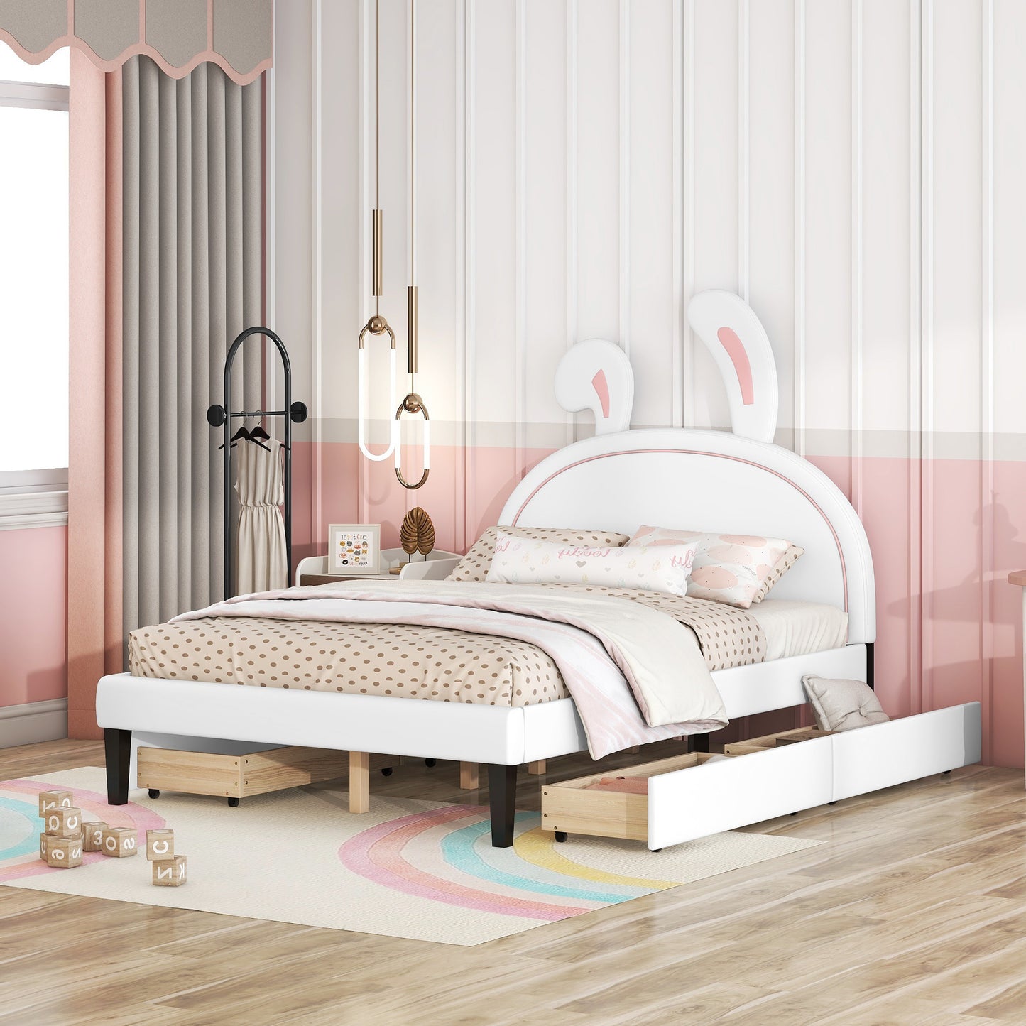 upholstered leather  bed with rabbit ornament and 4 drawers, white