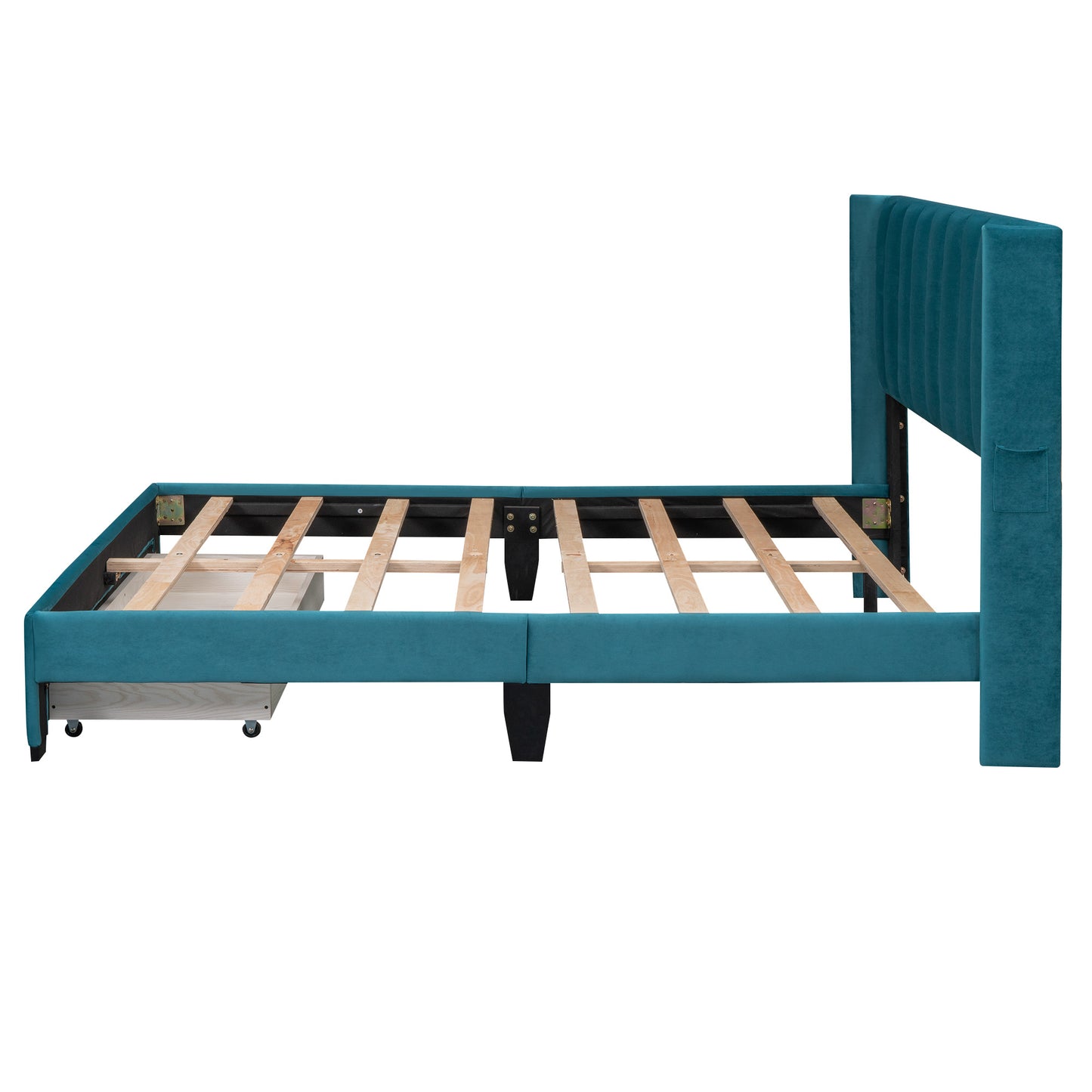 velvet upholstered platform bed with a big drawer