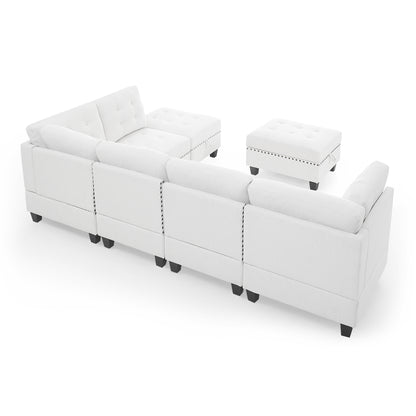L shape Modular Sectional Sofa includes 2 Ottomans, Ivory Chenille