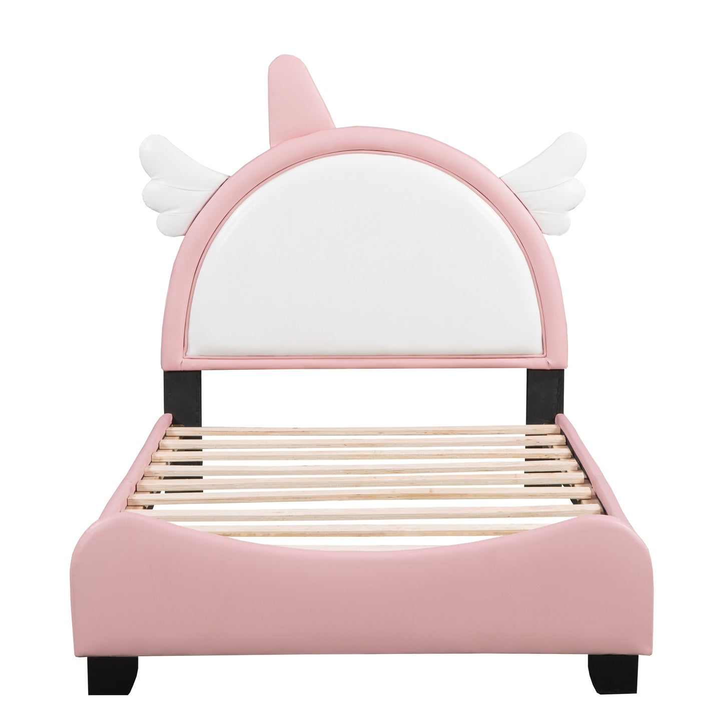 cute upholstered bed with unicorn shape headboard, white+pink