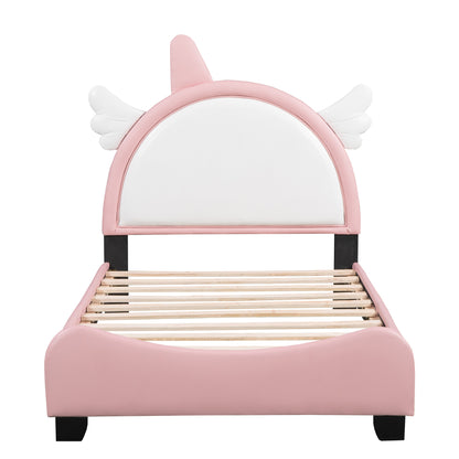 Cute Upholstered Bed With Unicorn Shape Headboard, White+Pink