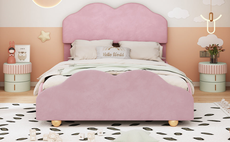 upholstered bed with cloud shaped bed board, light pink