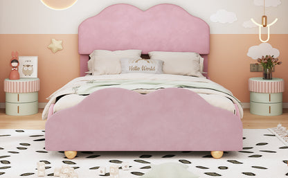 Upholstered Bed with Cloud Shaped bed board, Light Pink