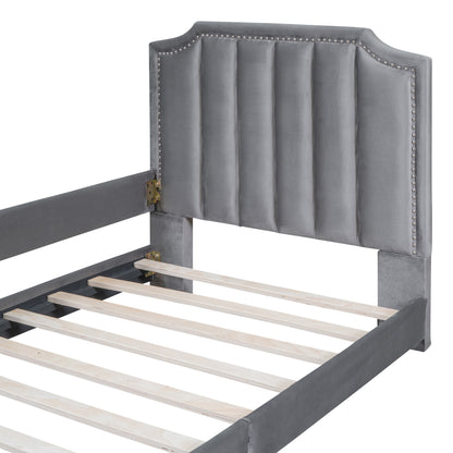 Maya Upholstered Bed with Classic Stripe Shaped Headboard, Gray
