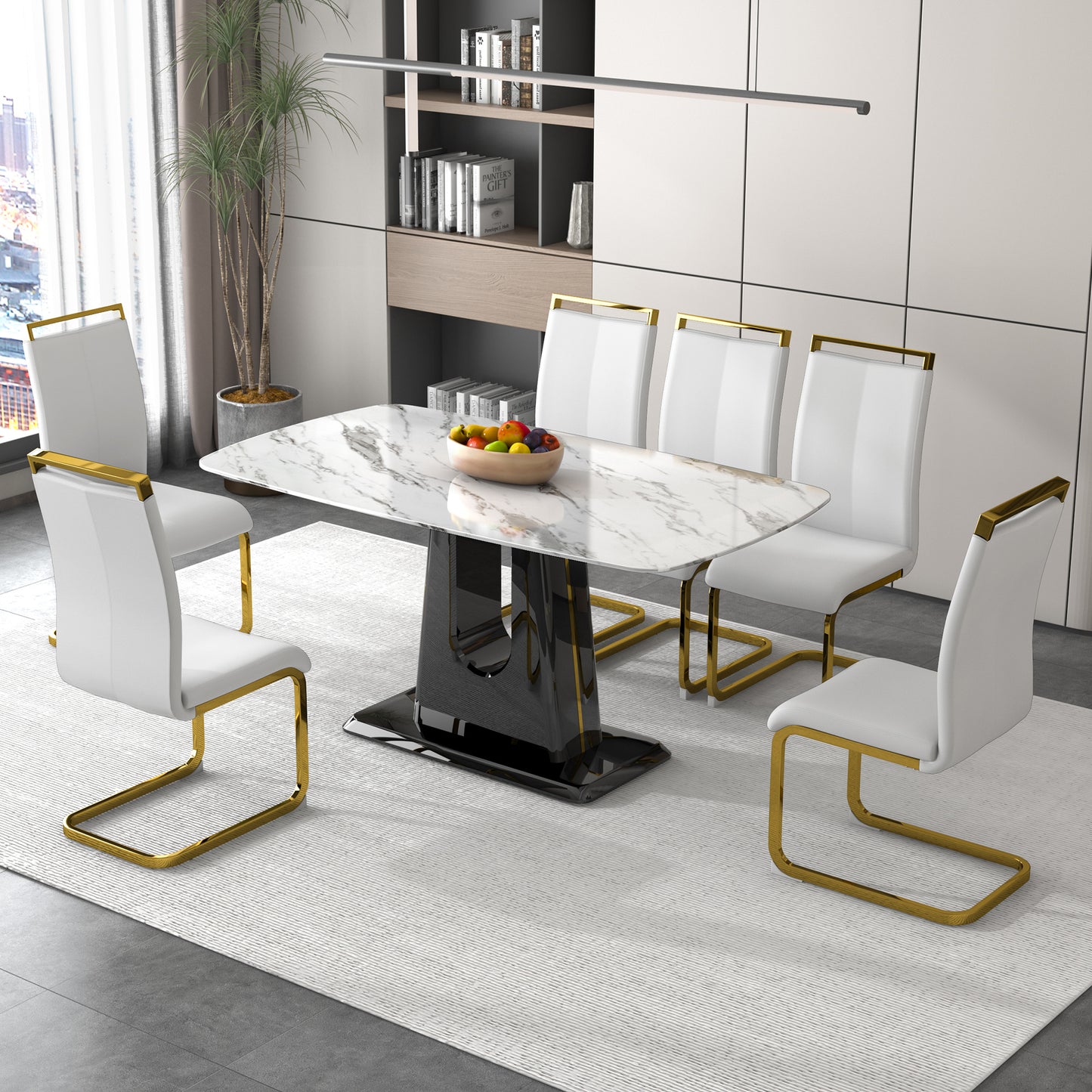 a modern, minimalist, and luxurious dining table with a white imitation marble tabletop and mdf legs with u-shaped brackets. tables in restaurants and living rooms 63"*35.4"*30 f-u