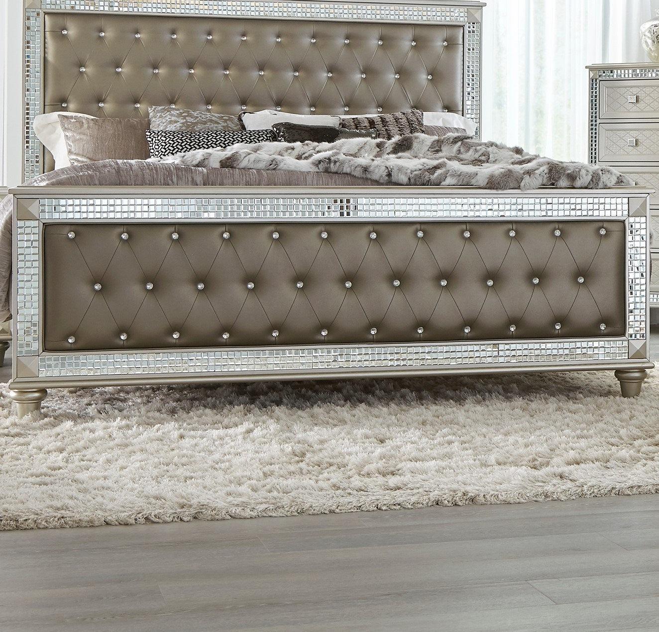 glamorous style champagne finish queen upholstered bed
