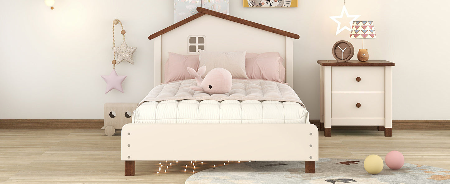 wood platform bed with house-shaped headboard (cream+walnut)