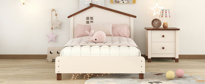 Wood Platform Bed with House-shaped Headboard (Cream+Walnut)