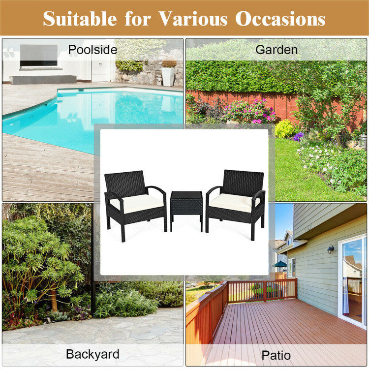 3 pieces outdoor rattan patio conversation set with seat cushions