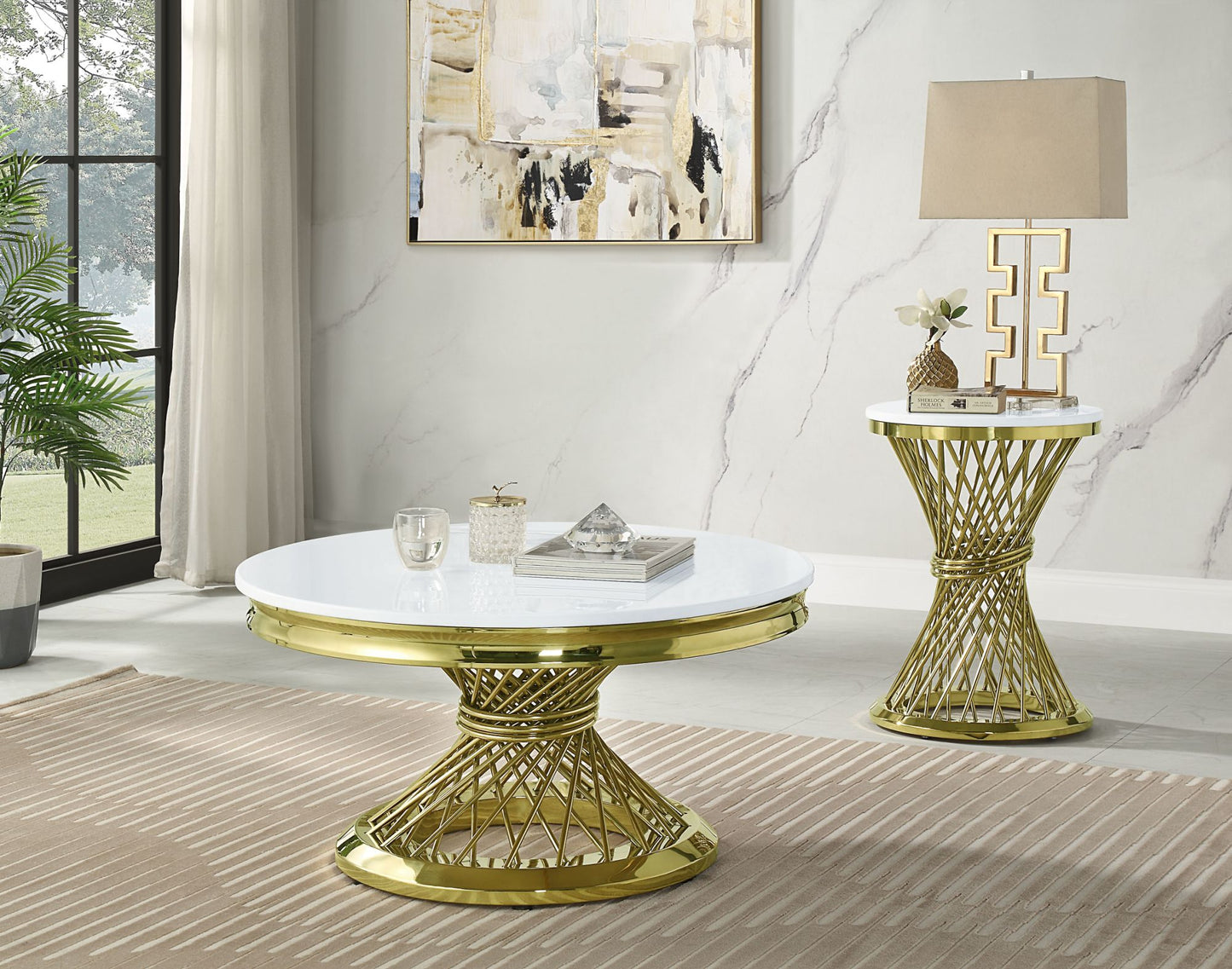 acme fallon end table, engineering stone & gold finish