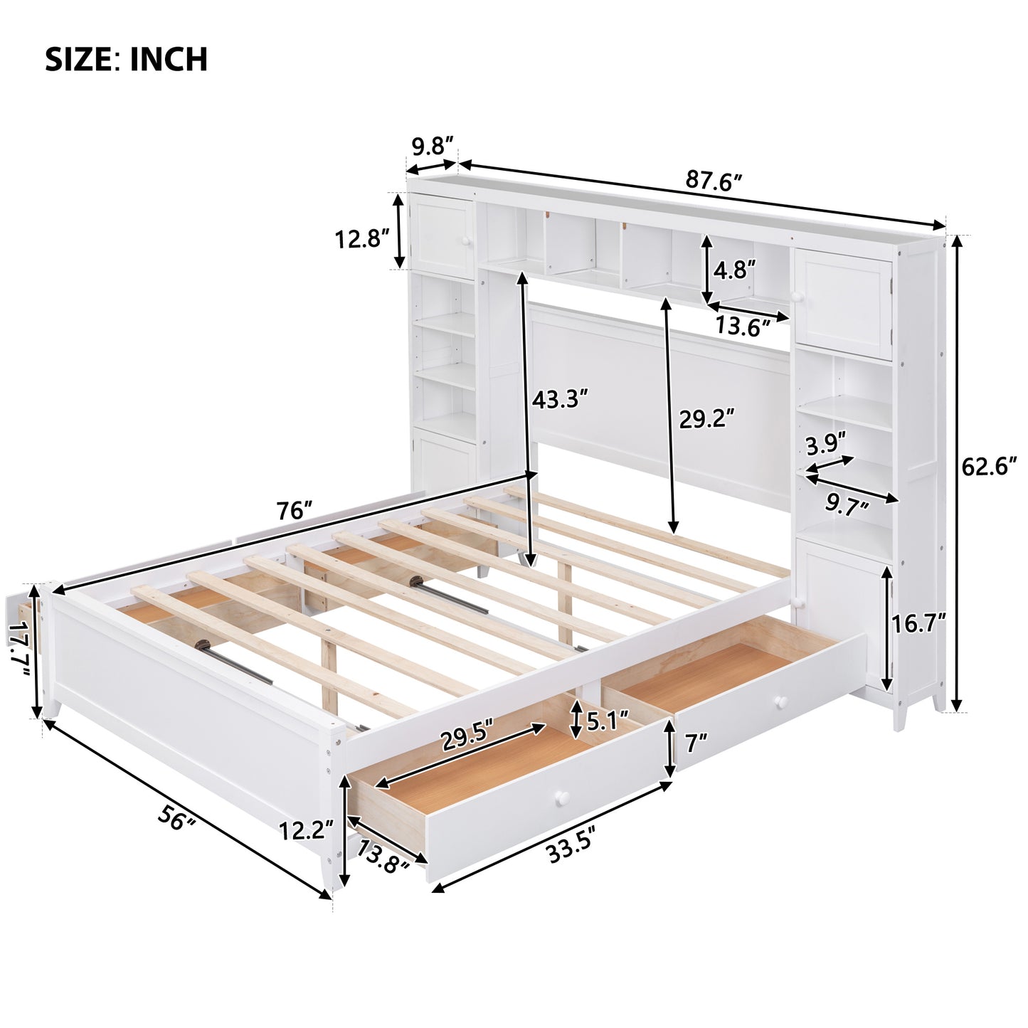wooden bed with all-in-one cabinet and shelf