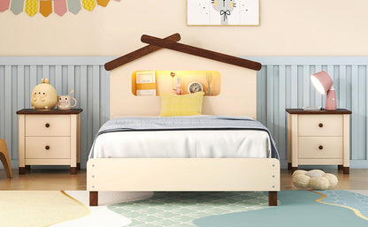 Wood Platform Bed with House-shaped Headboard and Motion Activated Night Lights, Cream+Walnut