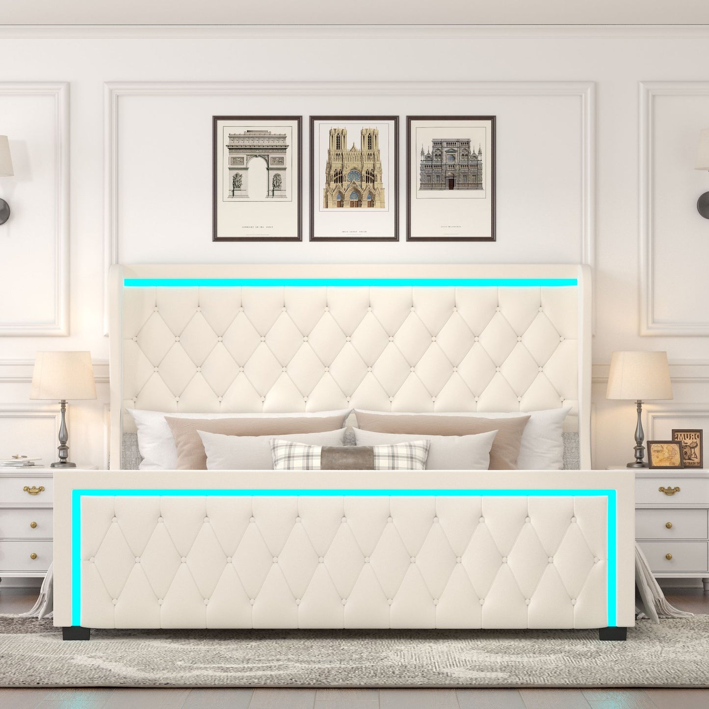 velvet upholstered bed with deep tufted buttons & adjustable colorful led light, beige