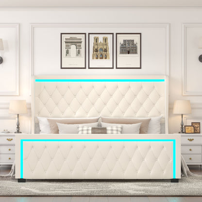 Velvet Upholstered Bed with Deep Tufted Buttons & Adjustable Colorful LED Light, Beige