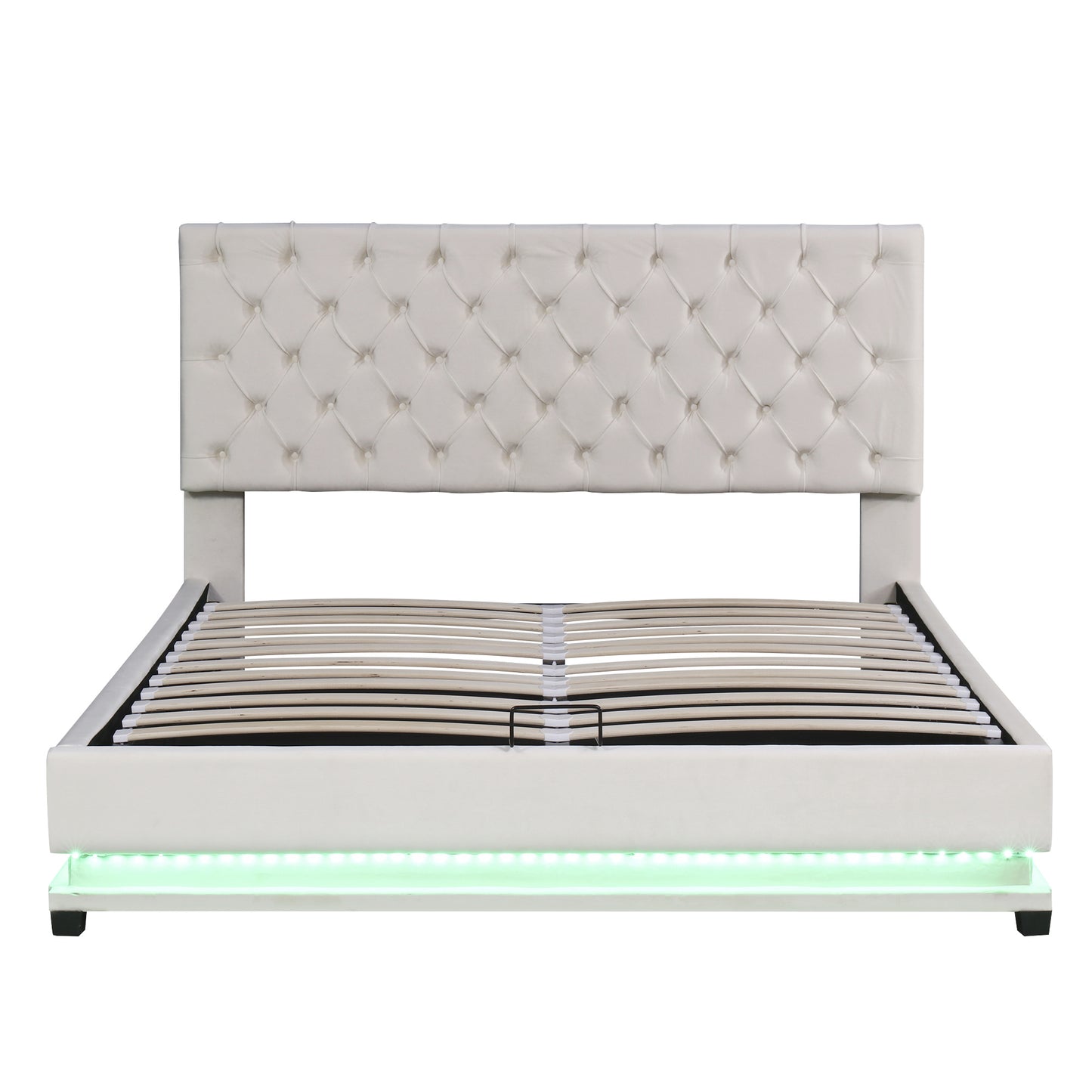 upholstered platform bed with adjustable tufted headboard and led light, beige