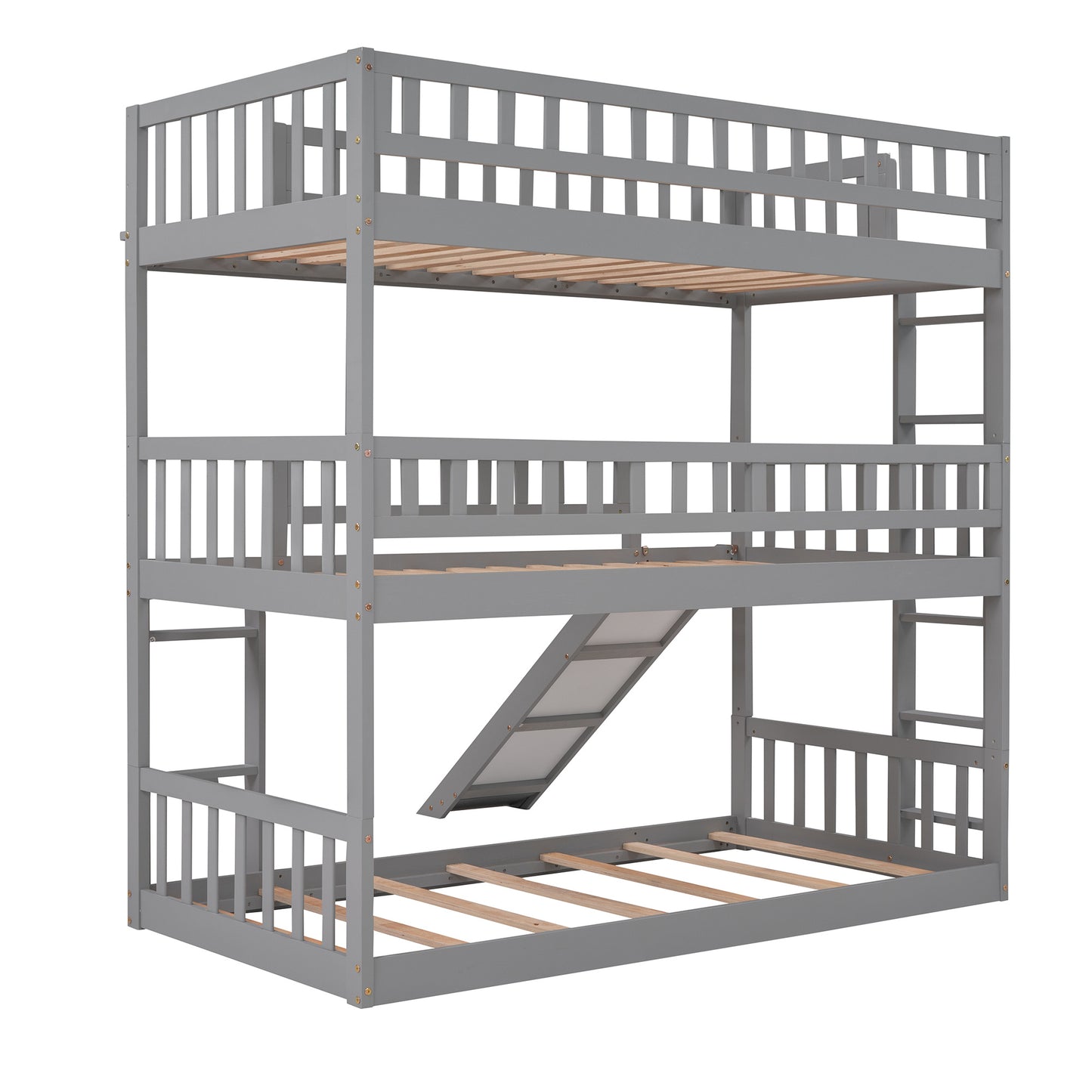 twin-over-twin-over-twin triple bed with built-in ladder and slide