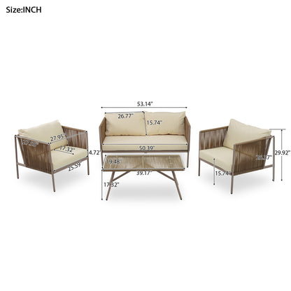 GO 4-Piece Rope Sofa Set with Thick Cushions , Beige
