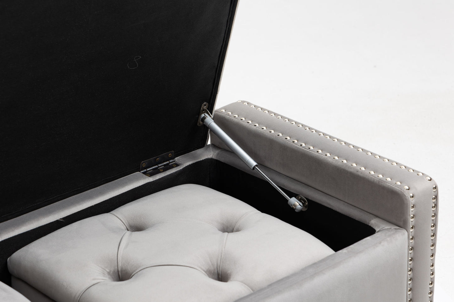 set of 3 47.5" wide upholstered storage ottoman with tufted top and solid wood legs gray
