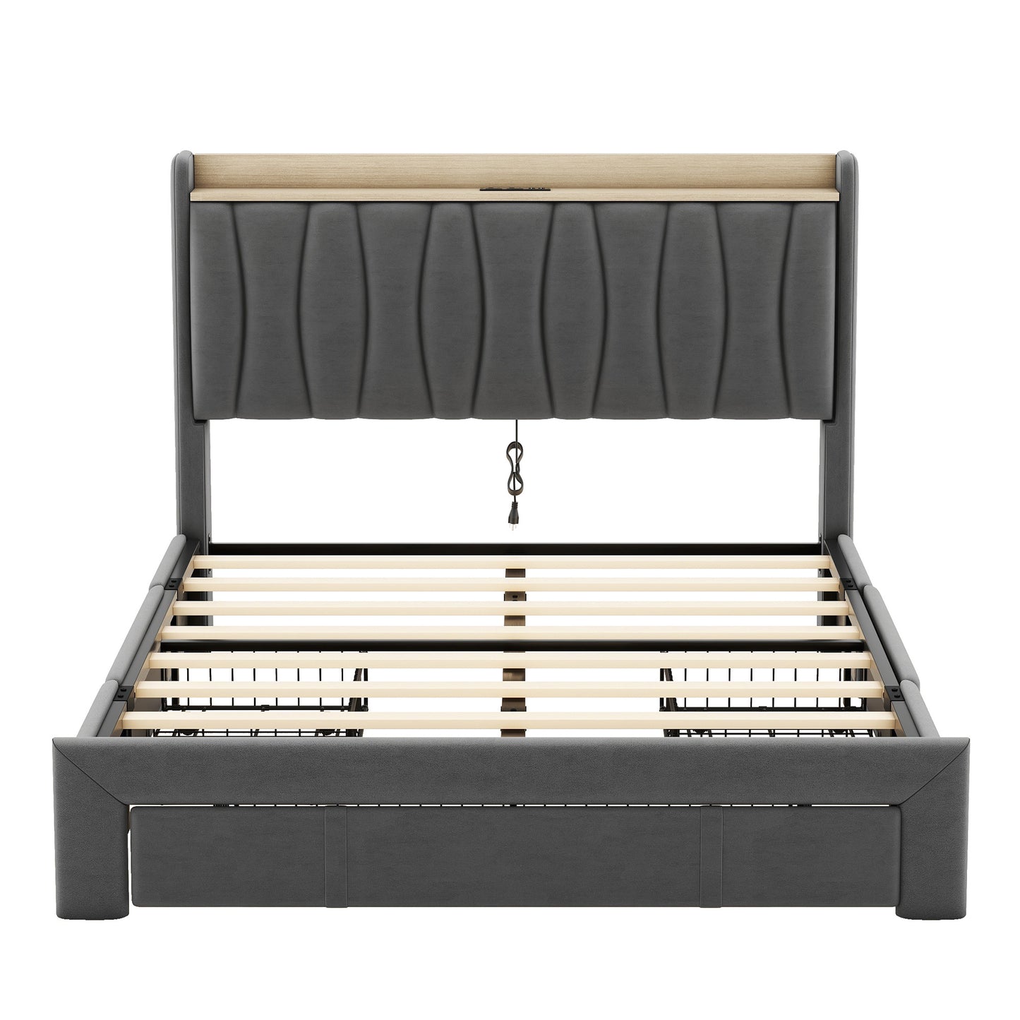 queen size bed frame with storage headboard and charging station,dark gray