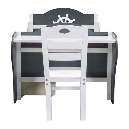 Boat-Shaped Platform Bed with Two Drawers, Desk and Chair, White+Gray