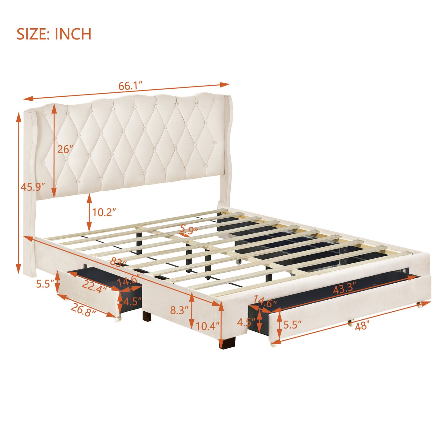 emily upholstered platform bed with tufted headboard and 3 drawers,beige