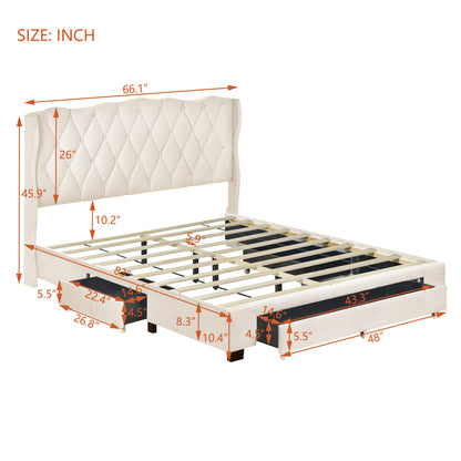 Emily Upholstered Platform Bed with Tufted Headboard and 3 Drawers,Beige
