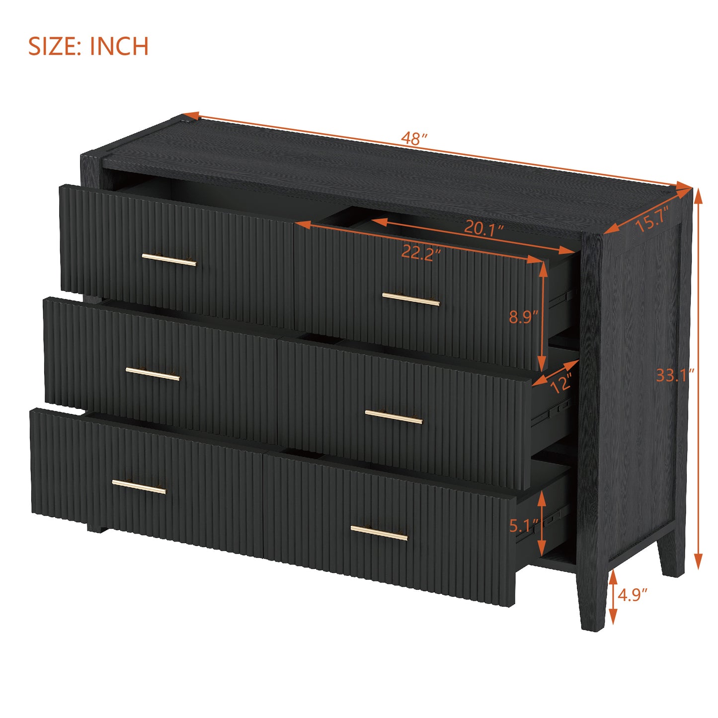 6 drawer dresser with metal handle, black