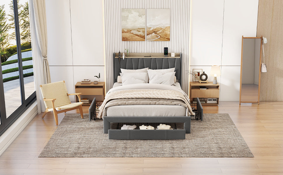 queen size bed frame with storage headboard and charging station,dark gray