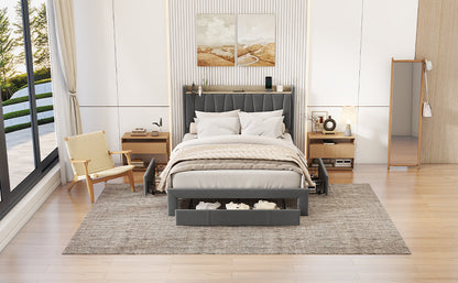 Queen Size Bed Frame with Storage Headboard and Charging Station,Dark Gray