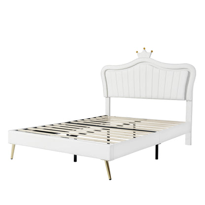 Modern Upholstered Princess Bed With Crown Headboard and LED Lights, White
