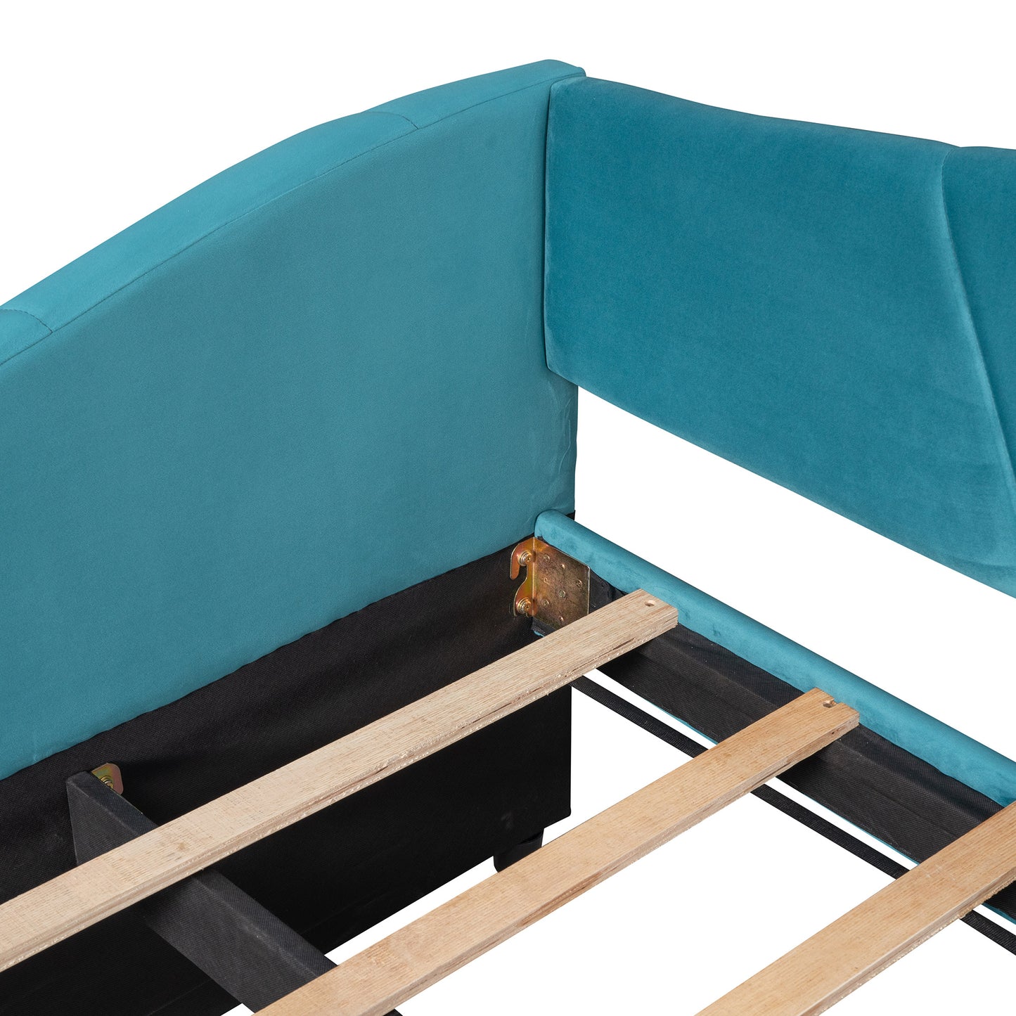 upholstered daybed with trundle bed and wood slat ; blue