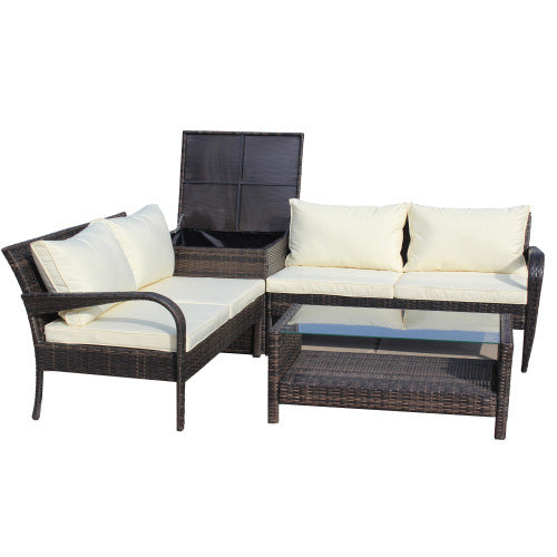 4 piece wicker rattan sofa set with storage box brown