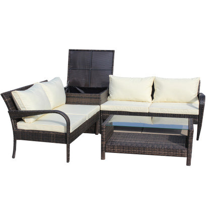 4 Piece Wicker Rattan Sofa Set with Storage Box Brown