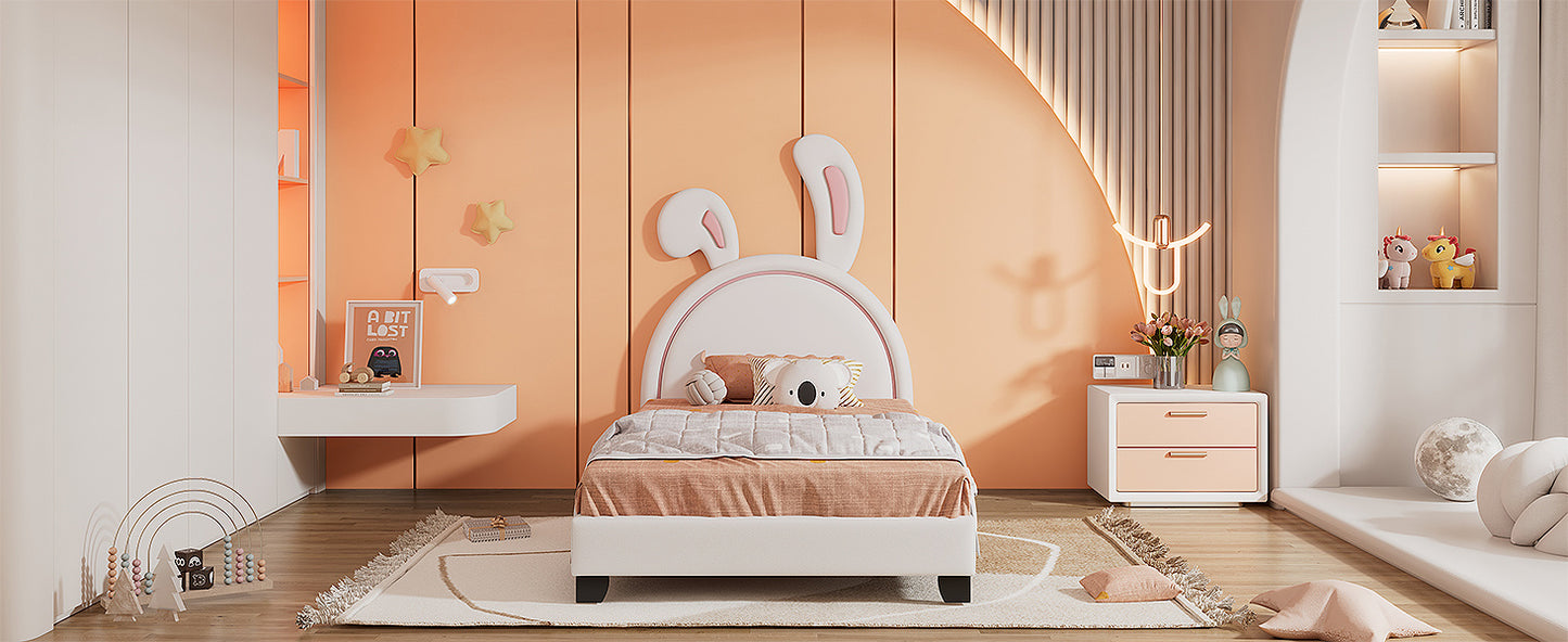 twin size upholstered leather platform bed with rabbit ornament, white