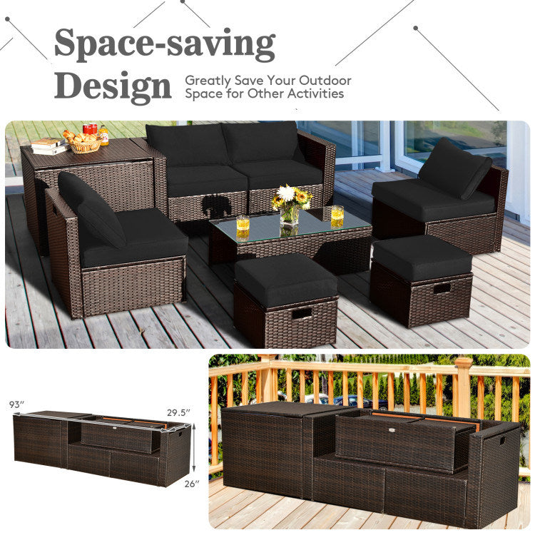 8 pieces patio space-saving rattan furniture set with storage box and waterproof cover