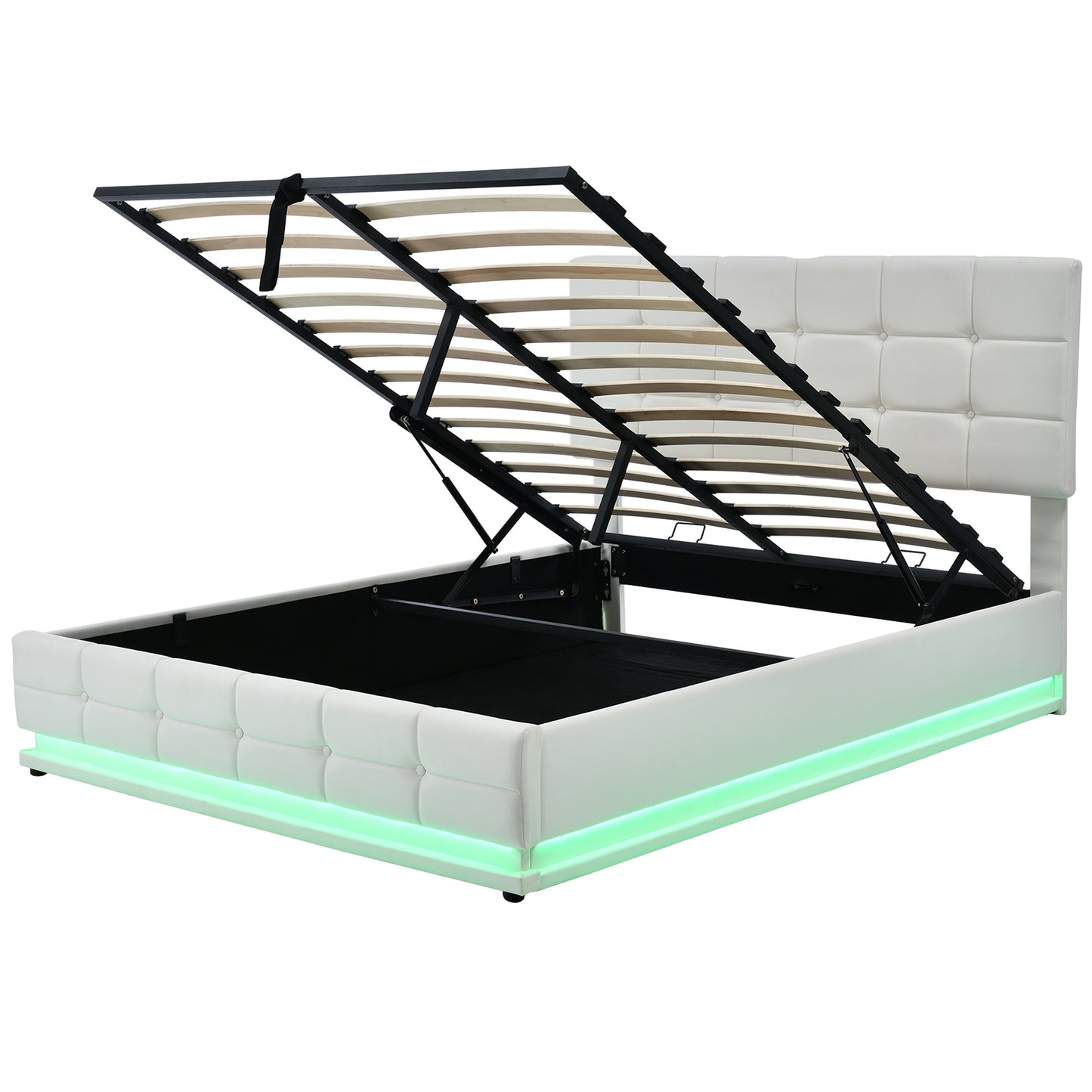 tufted upholstered platform bed with hydraulic storage system, led lights, and usb charger, black
